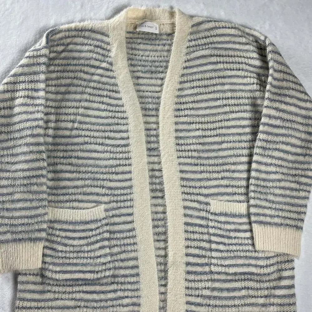 Mia & Tess Cream Blue Striped Fuzzy Open Front‎ Long Cardigan Sweater M/L